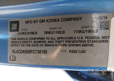 2015 Chevrolet Spark 1Lt Cvt z USA, uszkodzony, nr VIN KL8CD6S99FC738198